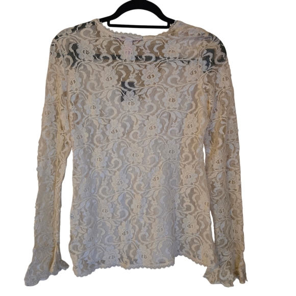 Zena Jeans Vintage Cream Floral Lace Bow Front Top Long Sleeve Small Y2K - Picture 5 of 12